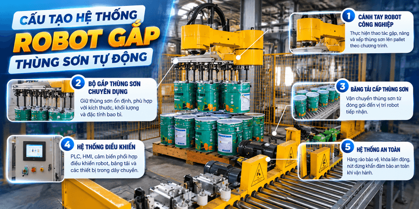 Cấu tạo hệ thống robot gắp thùng sơn tự động Cau tao he thong robot gap thung son tu dong