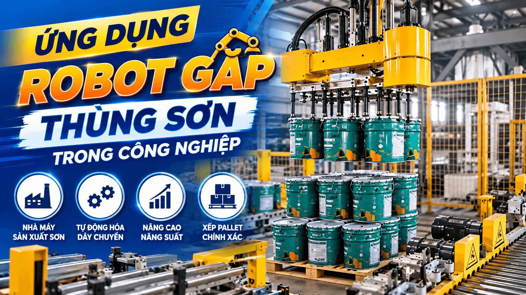 giai phap robot gap thung son len pallet tu dong